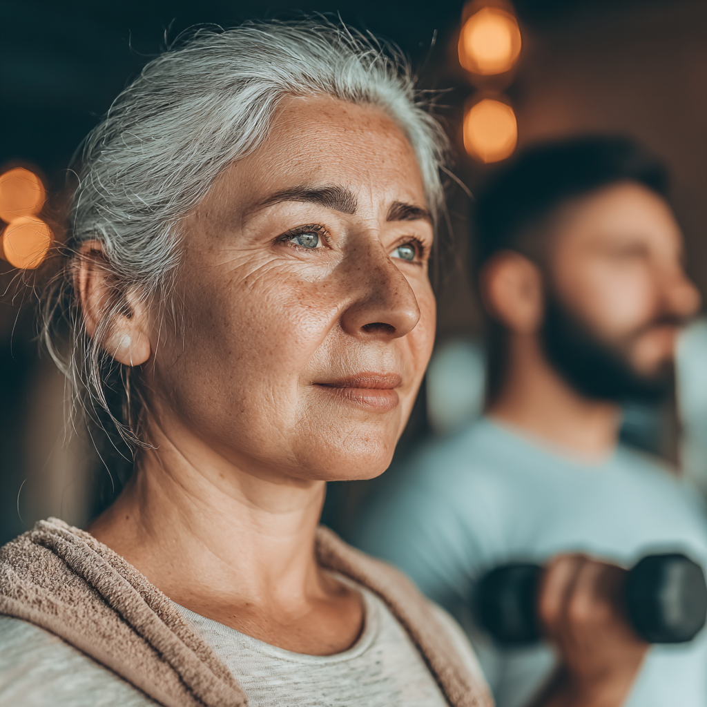 Жінка віком 52 років виконує силові вправи з гантелями в тренажерному залі під наглядом тренера
