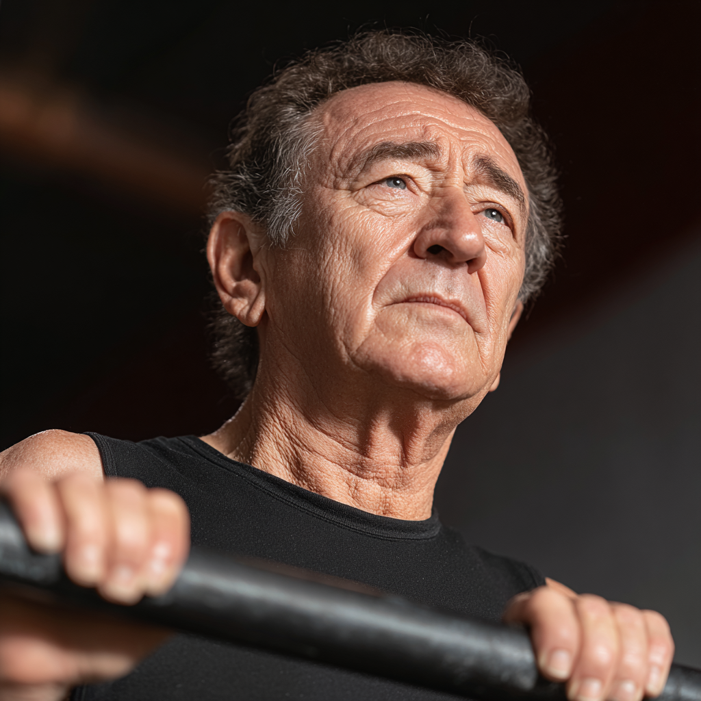 Чоловік віком 55 років виконує силові вправи в сучасному спортзалі з професійним обладнанням