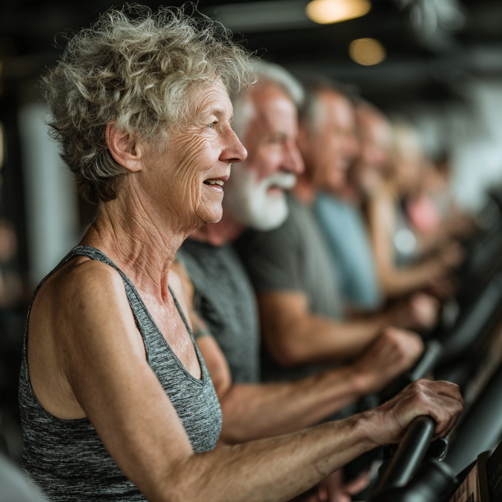 Група людей віком 50-60 років займається кардіо тренуванням на біговых доріжках та велотренажерах