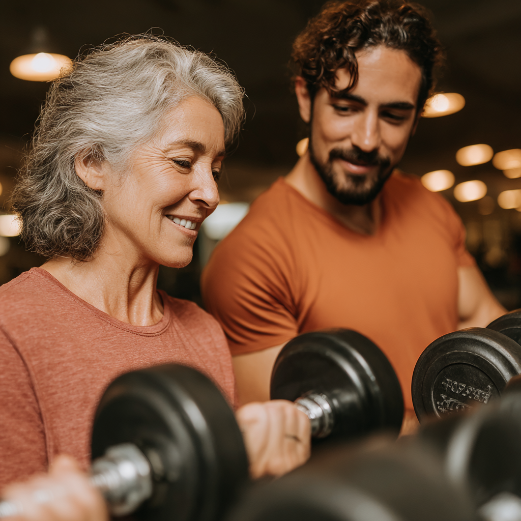 Персональний тренер працює з жінкою віком 58 років, показуючи правильну техніку виконання вправ